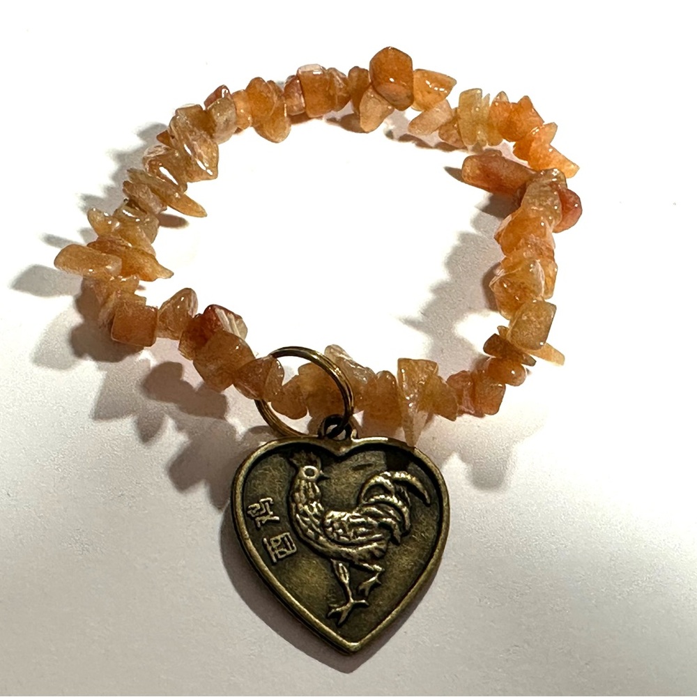 Chinese Horoscope Rooster Sign Charm Stretch Bracelet Natural Jasper Agate